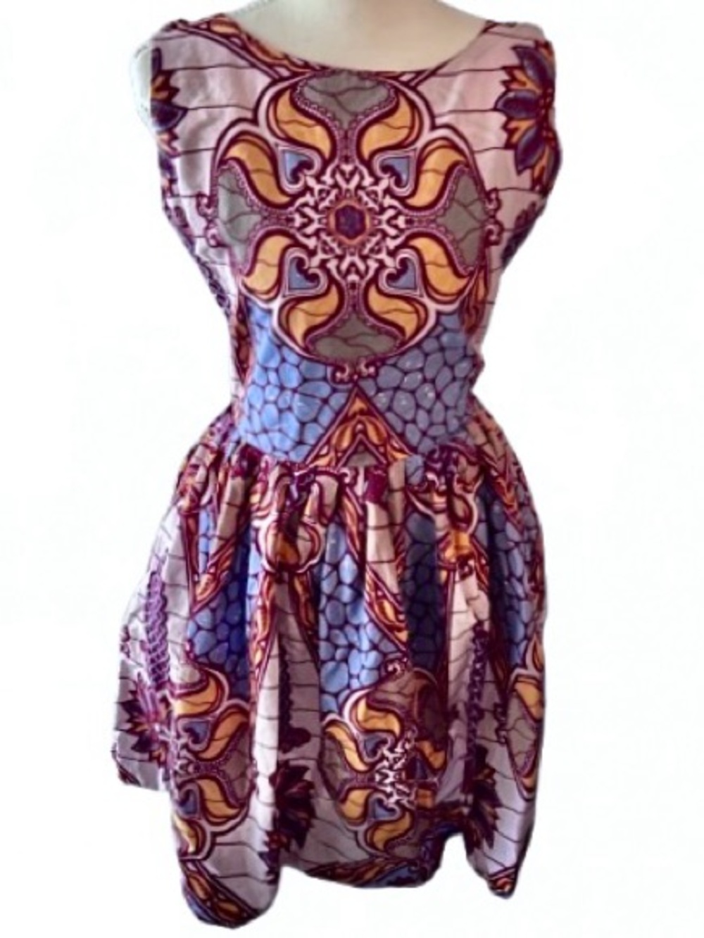 Medium Floral Grass Fields Dress Boho Cotton Medallion Cottage Summer Burgundy